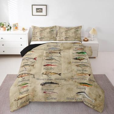 Imagem de Erosebridal Conjunto de edredom rústico de pesca, cabana de fazenda, para crianças, meninos, homens, conjunto de colcha retrô para decoração de quarto de pescador, 3 peças