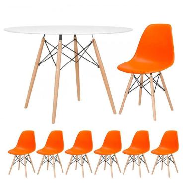 Imagem de Mesa Redonda 120 Cm Branco + 6 Cadeiras Laranja