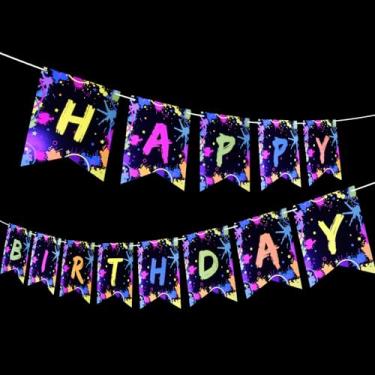 Imagem de Banner Neon Glow Happy Birthday Banner, Prestrung Happy Birthday Neon Sign Let Glow Party Banner pintado para luz negra neon brilho suprimentos de festa decorações de aniversário