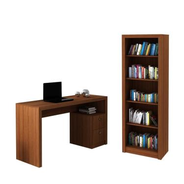 Imagem de Escritório com Mesa para Computador 2 Gavetas Com Armário Prateleiras Portas Amendoa - FdECOR
