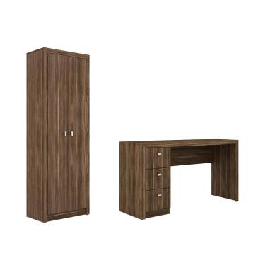 Imagem de Escritório com Mesa para Computador c/ 3 Gavetas e Armário 2 portas Nogal - FdECOR