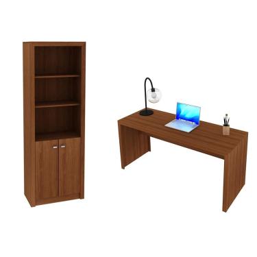 Imagem de Escritório com Mesa para Computador Simples Gavetas e Armário c/ Prateleiras 2 portas Amendoa - FdECOR