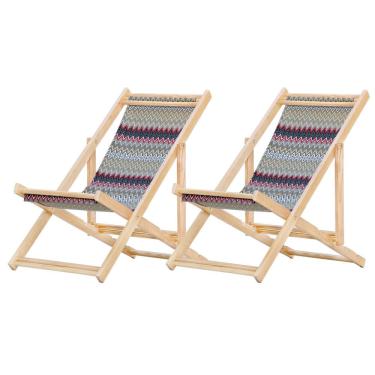 Imagem de Kit 2 Espreguiçadeiras Preguiçosa Dobrável sem Braço Madeira Maciça com Tecido Colorido