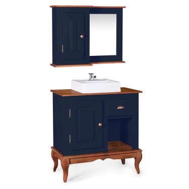 Imagem de Gabinete para Banheiro com Cuba e Armário Espelheira Dália 3064 - Azul Petróleo/Imbuia Glazer