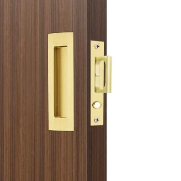 Imagem de Dontay Puxadores de porta de bolso deslizantes, ferragens de aço inoxidável 304 sem trava, puxadores de dedo embutidos, puxador de borda resistente com puxador de anel (latão acetinado (1 conjunto