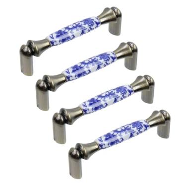 Imagem de MY MIRONEY Puxadores de gaveta de cerâmica com orifício central de 9,6 cm bronze azul floral puxa 4 peças com parafusos, puxadores de armário de espelho de banheiro, maçaneta de porta de guarda-roupa