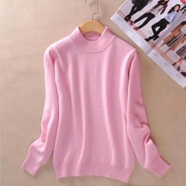 Imagem de Suéter De Lã Cashmere Mistura De Algodão Meia Gola Alta Mulheres Pulôver Outono Inverno Jumper Roupa Diária Básico Quente Malha, Pink, 3XL