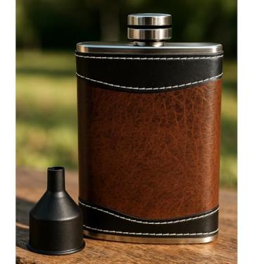 Imagem de Frascos para bebidas alcoólicas para homens, 227 g Heavy Duty Hip Flask com funil, preto e marrom, caixa de presente