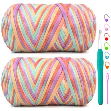 Imagem de Pacote com 2 camisetas para crochê, amarelo, laranja, roxo, tecido elástico macio, grosso, fio de crochê para crochê, tricô iniciante, bolsa de tricô à mão/artesanato faça você mesmo/decoração de casa