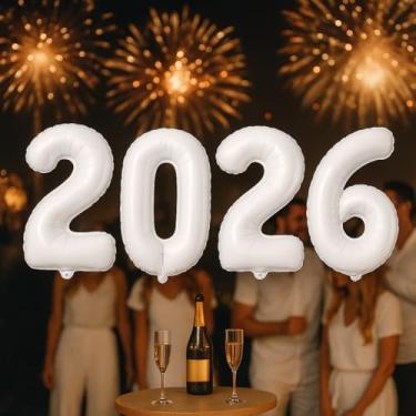 Imagem de Balão Número 2026 Metalizado Mylar para Decoração de Festa, Ano Novo, Formatura ou Reveillon – Cores Dourado, Prata, Branco – Tamanhos 16", 32", 40" (BRANCO, 16")
