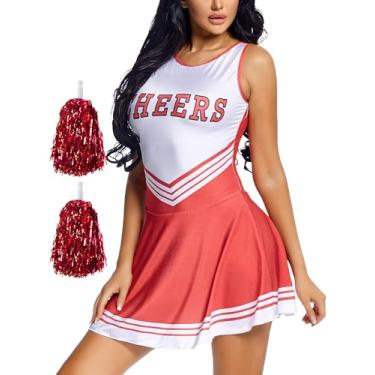 Imagem de FEOYA Fantasia feminina de líder de torcida escolar musical para festa de futebol americano, saia de bebê com meias, pompons, vestido de Halloween, Vermelho, G