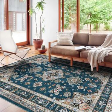 Imagem de Garvee Tapete floral vintage de 1,5 x 1,8 m para sala de estar, estilo oriental lavável à máquina, tapete macio antiderrapante para quarto/sala de jantar/fazenda/berçário/apartamento (azul verde)