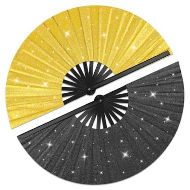 Imagem de Anglecai Pacote com 2 leques grandes de glíter, grandes ventiladores de mão dobráveis para dança em linha, ventilador de mão portátil para botas no chão dança com alça de perna e bolsa de