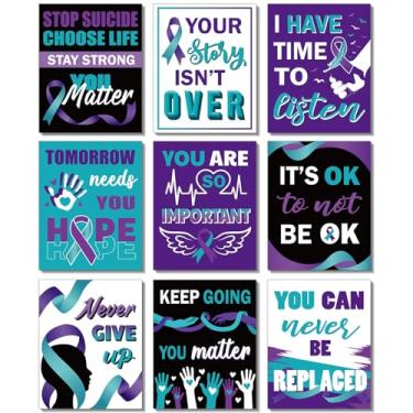 Imagem de Funrous 9 peças de pôsteres de conscientização sobre prevenção do suicídio 28 x 33 cm fita roxa azul-petróleo cartazes quadro de avisos para decoração de quadro de avisos de saúde mental decoração de
