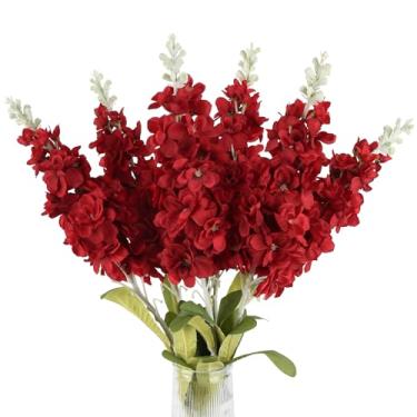 Imagem de Verblomw 6 peças de flores artificiais delphinium vermelhas 86 cm Snapdragon flores de seda antirrhinum flores falsas de haste longa flores falsas para mesa de casamento decoração de casa (vermelho)