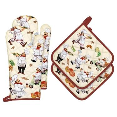 Imagem de Arquiel Conjuntos de luvas de forno e suportes de panela de chef, 4 peças, 100% algodão, resistentes ao calor, luvas de forno extralongas para cozinha, cozinha, decoração de panificação