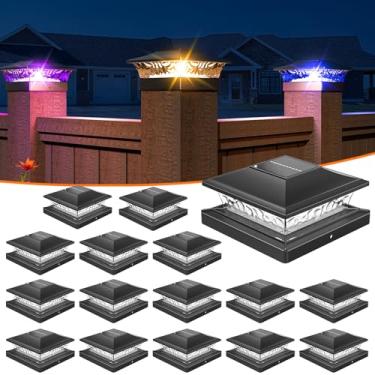 Imagem de APONUO Luzes de poste solares com 8 cores sólidas RGB e fluxo multicolorido - Pacote com 16 6 x 6 tampa de poste luz solar, IP65 à prova d'água - Serve para postes de madeira e vinil 10 x 15 x 15 x 15