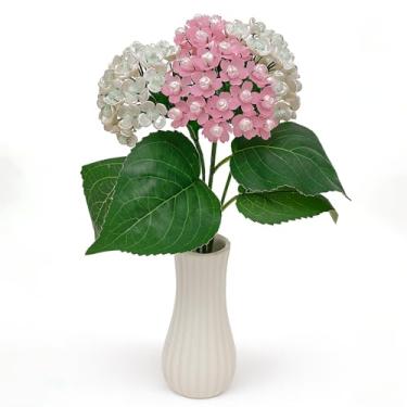 Imagem de ARFINNE Conjunto de buquê de hortênsia rosa e branco – 2 de cada cor, flores artificiais com cristais de acrílico e hastes de metal, ideal para centros de mesa e presentes