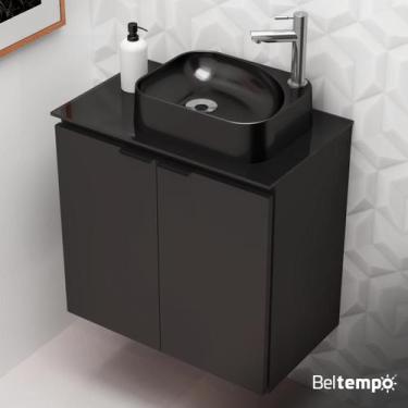 Imagem de Kit Gabinete Aço Banheiro Suspenso 62cm Preto Com Cuba Pia Apoio Tampo