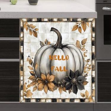 Imagem de RTHDG Adesivo magnético Hello Fall Pumpkin capa de painéis de lava-louças adesivo, capa magnética de vinil de abóbora branca, capa de ímã de lava-louças floral country, adesivo de máquina de lavar