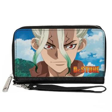 Imagem de Buckle-Down Dr. Stone Wallet, Zip Around, Dr Stone Senku Ishigami New World Map Pose e logotipo do título, couro vegano