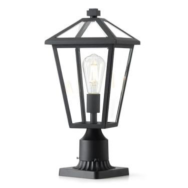 Imagem de GOALPLUS Poste de 41,7 cm para ambientes externos, lanterna de pilar exterior de alumínio moderna com sombra de vidro transparente, luzes pretas foscas, iluminação externa do caminho, com base de