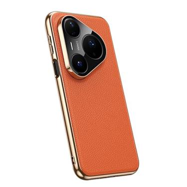 Imagem de HAOMRIYL Capa de couro genuíno para Huawei Pura 80 Ultra/80 Pro +/80 Pro/80, capa magnética de proteção para câmera fina galvanizada à prova de choque, laranja, 80 Pro +