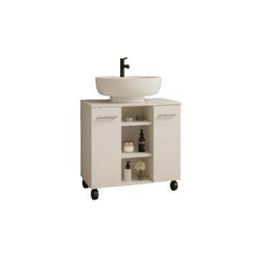 Imagem de Armário Para Banheiro Kit Completo Gabinete Para Pia De Coluna Com Rodízios + Espelheira Com Prateleira(BRANCO)