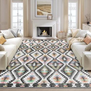 Imagem de YesRug Tapete de 20 x 25 cm para sala de estar, lavável, preto, boho, marroquino, treliça, com tons vibrantes para quarto, fazenda, sala de jantar, sala de jogos infantil, tapete grande antiderrapante