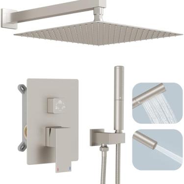 Imagem de Conjunto de chuveiro Hoimpro com chuveiro de 30,5 cm para banheiro e chuveiro com montagem manual na parede, conjunto de torneira de chuveiro de chuva com chuveiro portátil 2 em 1 de alta pressão, níquel escovado