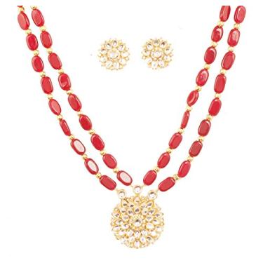 Imagem de Touchstone New Indian Bollywood Kundan Polki Oval Shape Red Onyx Double Line Conjunto de lindos colares em tom dourado para mulheres.