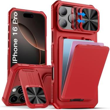 Imagem de SSLOTSCASE Capa para iPhone 16 Pro com suporte, suporte para cartão e capa de lente de câmera deslizante, capa protetora robusta multifuncional para iPhone 16 Pro de 6,3 polegadas 5G 2024, vermelha