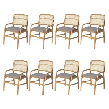 Imagem de Jogo 8 Cadeiras Para Jantar Florença Em Madeira Jequitibá Natural Braço Encosto Palha Linho Cinza