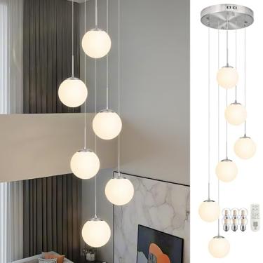 Imagem de KoKo&Yukina Luminária pendente globo globo de níquel 6 luzes pendentes ilha cozinha luminária meados do século com sombra de vidro branco leitoso luzes para escadas