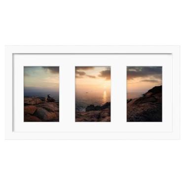 Imagem de KINLINK Moldura de colagem panorâmica de 20 x 40 cm, moldura de madeira maciça branca com acrílico HD para três fotos 10 x 15 com tapete ou 20 x 40 sem tapete, suporte de mesa e parede, 1 pacote com 1