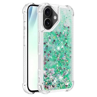 Imagem de Capa de telefone à prova de choque para iPhone 17 com glitter líquido de areia movediça e corações flutuantes, capa de TPU de camada dupla reforçada com 4 cantos, protetor de telefone seguro