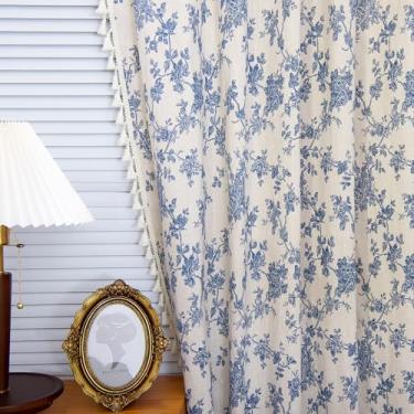 Imagem de Cortinas florais azuis vintage para sala de estar, 246 cm de comprimento, linho, azul, bolso para varão, cortinas country francesas com borla, conjunto de cortinas para janela de quarto, 2 painéis