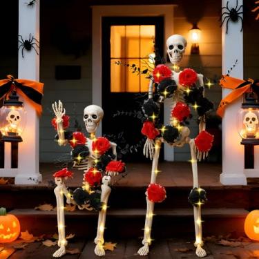 Imagem de Pinkunn Decorações de esqueleto iluminadas de Halloween de 91 cm com 12 rosas artificiais, luzes, juntas móveis possíveis, 3 ramos 6 eucaliptos para adereços de Halloween, gramado, quintal, varanda