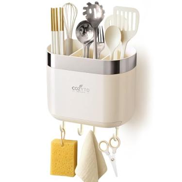 Imagem de COZYTO LuxTray U1-Pro – Organizador de cozinha montado na parede com ganchos, divisórias e bandeja de drenagem, adesivo sem broca, sem BPA – branco creme com detalhes em ouro rosa ou prata (branco
