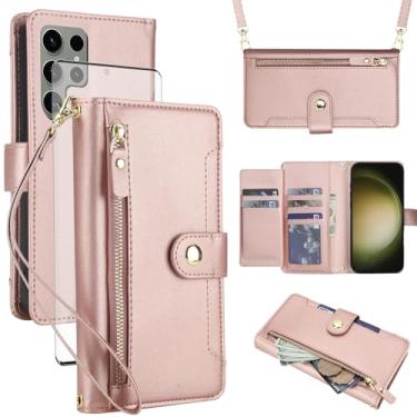 Imagem de Asuwish Capa de celular para Samsung Galaxy S23 Ultra 5G com zíper carteira, com protetor de tela de vidro temperado e alça transversal, porta-cartões S23Ultra 23S S 23 23Ultra 6,8 polegadas feminino