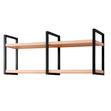 Imagem de Prateleira Nicho Suspensa Estilo Industrial 100cm Base de Ferro Tampo de Madeira Prateleira de Parede para Sala e Escritório(PRETO/AMÊNDOA)