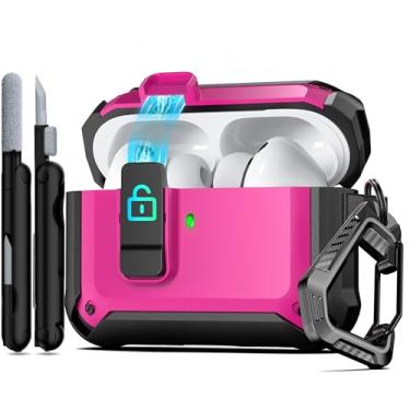 Imagem de RFUNGUANGO Capa protetora para AirPods Pro 3ª geração, com clipe de trava de segurança e capa pop-up automática, capa protetora rígida à prova de choque para AirPods Pro 3 (2025) - Rosa vermelha