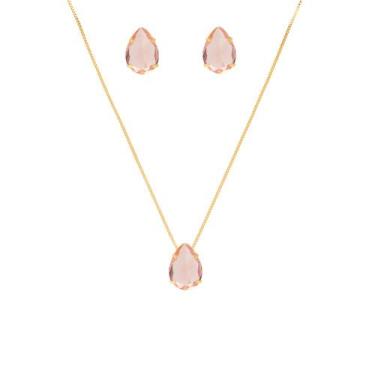 Imagem de Conjunto Colar E Brinco Gota Pedra Âmbar Folheado A Ouro 18k - Milena 