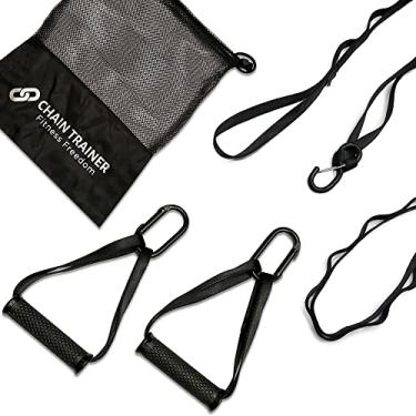 Imagem de Chain Trainer Basic - Suspension Trainer - Portable Home Gym Multi-functional Basic Fitness Freedom Workout Equipment: 2 Daisy Chain Straps, 2 Ergonomic Handles with Carabiners, 1 Door Anchor, 1 Mesh Drawstring Travel Bag, Black