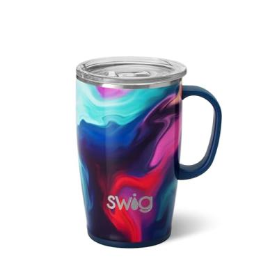 Imagem de Swig Life Caneca de viagem de 510 g, copo isolado com alça e tampa, suporte para copo, seguro para lava-louças, aço inoxidável, xícara de café de viagem (Aura)