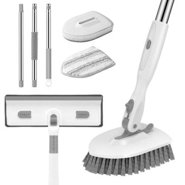 Imagem de SetSail Esfregador de piso de banheira de azulejo 4 em 1 com escova de limpeza de chuveiro de cabo longo ajustável de 132 cm, vem com esfregão de janela e 3 cabeças de escova de substituição para