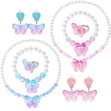 Imagem de BAOBAOJOY 2 conjuntos de joias de princesa para meninas, conjunto de joias de borboleta infantil, pulseiras de colar elástico, anéis e brincos de pressão, perfeitos para vestir, festas de aniversário