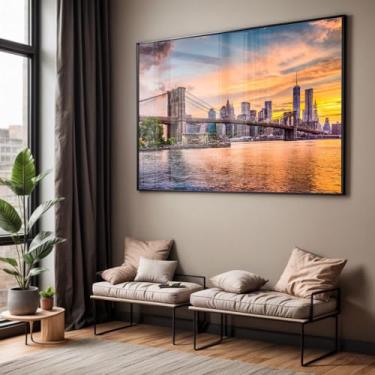 Imagem de Quadro com Moldura e Acrilico Cristal Vidro Sala Quarto Paisagem Ponte Nova York Decorativo Horizontal Grande Hall