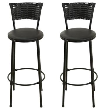 Imagem de Jogo de 2 Banquetas Alta De Fibra Sintética PRETO Casa Bar Balcão Junco Vime(PRETO)