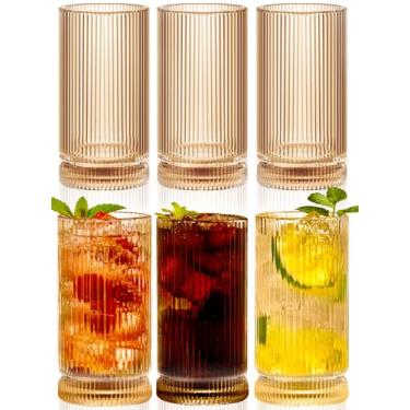 Imagem de megarte Copos de vidro vintage com nervuras âmbar - Conjunto de 6 copos de vidro de 350 ml, estilo origami, canelado, listras verticais, copos para suco, laváveis na lava-louças